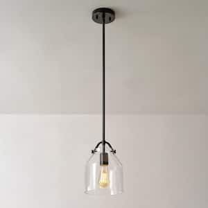 1-Light Matte Black Shaded Pendant Light with Clear Glass Shade