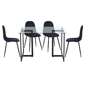 Slip Charlton Blue 5-Pcs Dining Set with Glass Top Black Leg Table and Fabric Upholstered Chairs