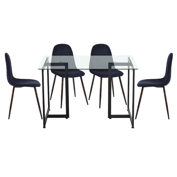 Homy Casa Slip Charlton Blue 5-Pcs Dining Set with Glass Top Black Leg Table and Fabric Upholstered Chairs