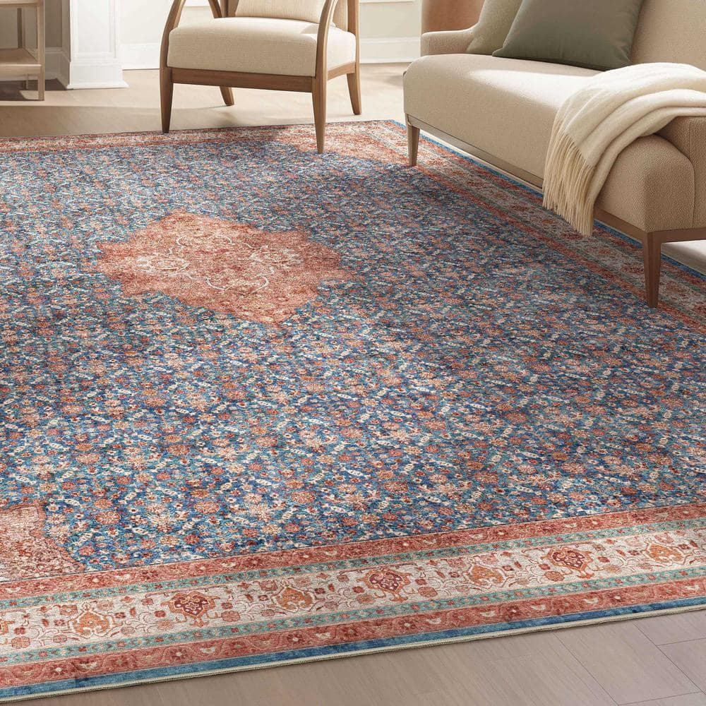 Blue Red 8' x 10' Chenille Oriental Washable Area Rug