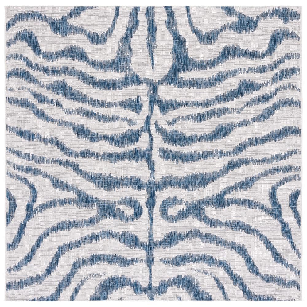 Ivory and Navy Square Stain-Resistant Cotton Outdoor Rug