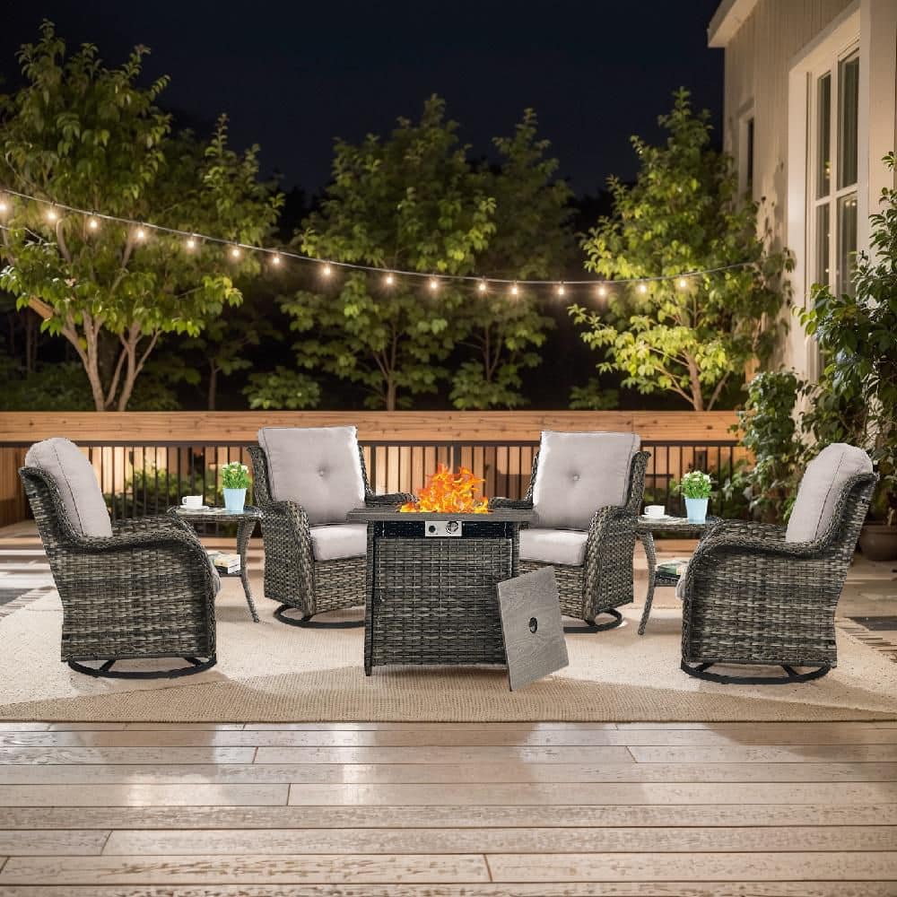 Well Cane Gray 7-Piece Wicker Patio Fire Pit Set Outdoor 4-Seater Swivel Chair Set with Gray Cushions price history on PriceWatchPro