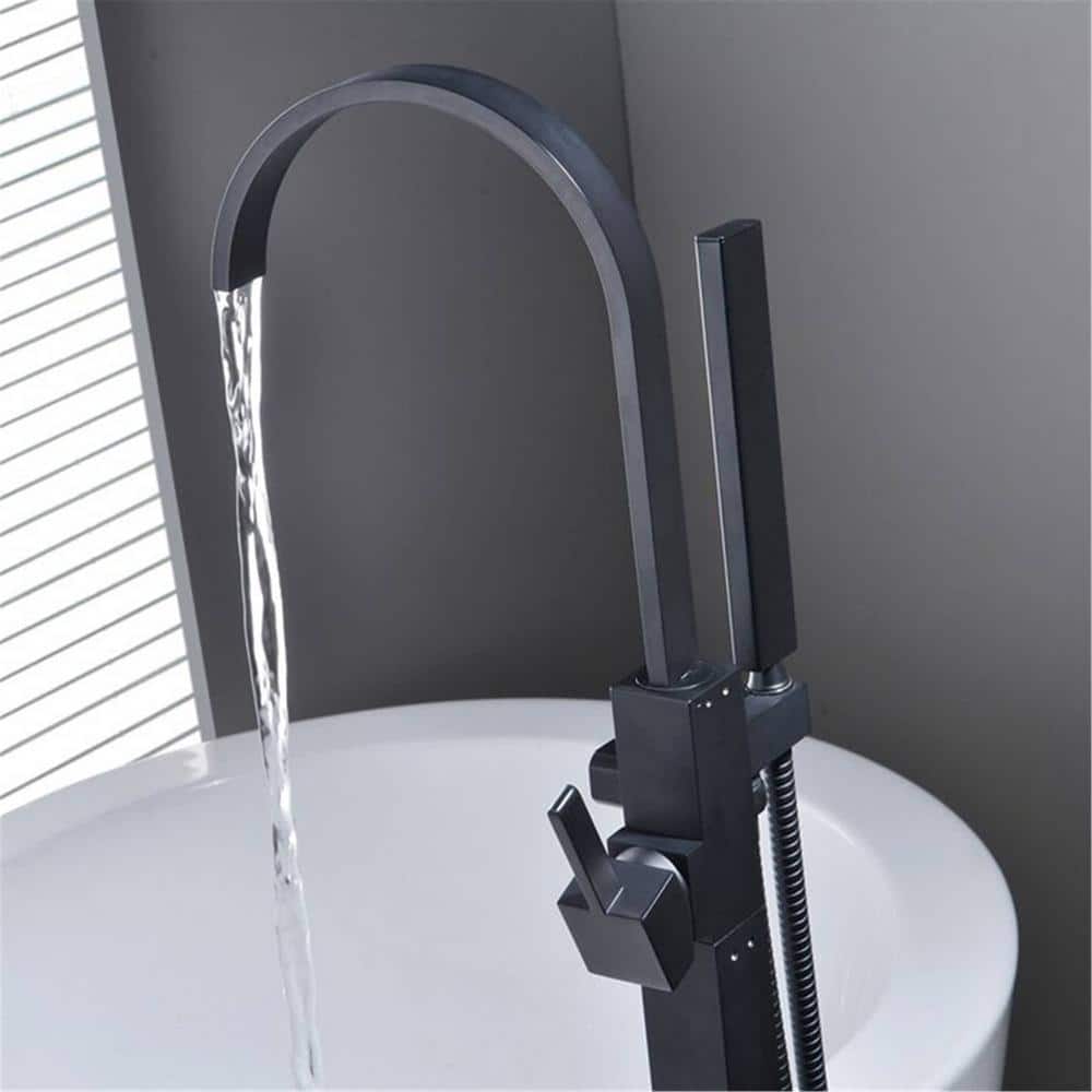 Matte Black Brass Freestanding Waterfall Tub Faucet with Hand Shower
