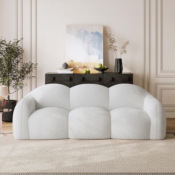 90 in. Straight Arm 3-Seater Curved Comfy Teddy Velvet Bubble Sofa Floor Sofa Memory Foam Deep Seat in. Beige
