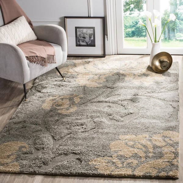 Florida Shag Gray/Beige 9 ft. x 12 ft. Floral Solid Area Rug