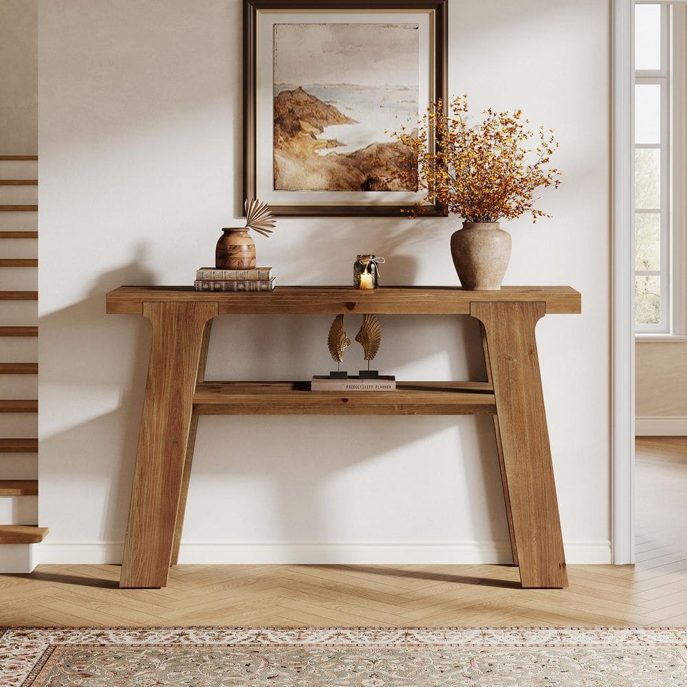 Turrella 47.2 in. Brown Rectangle 2-Tier Solid Wood Console Table Sofa Table for Entryway, Hallway, Living Room