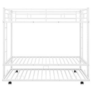 White Twin Over Twin Metal Bunk Bed Frame with Trundle and Safety Guard Rails for Teens Adults, No Box Spring Required