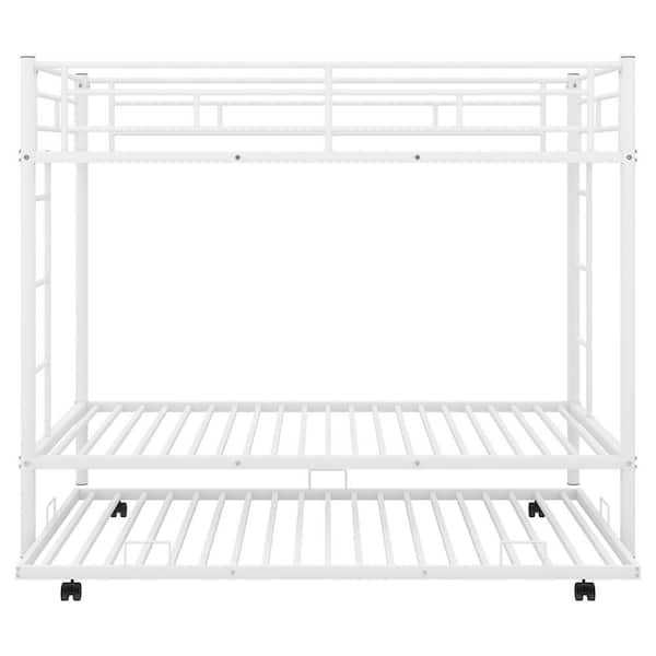 URTR White Twin Over Twin Metal Bunk Bed Frame with Trundle and Safety Guard Rails for Teens Adults, No Box Spring Required
