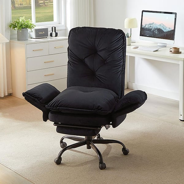 Velvet High-Back Cross-Legged Office Chair in Black with Flip-Up Arms, Vanity Chair With Footrest