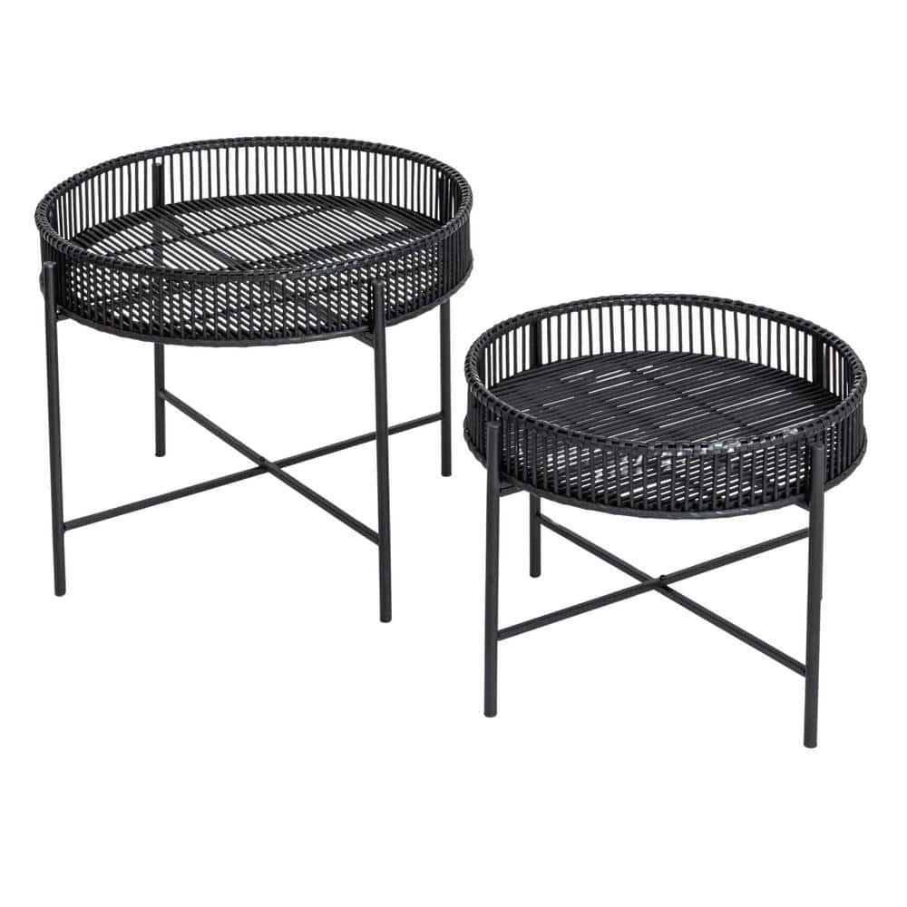 Storied Home 23.62 in. Sleek Black Finish Round Wood Accent Coffee Table Trays with Metal Stands (Set of 2)
