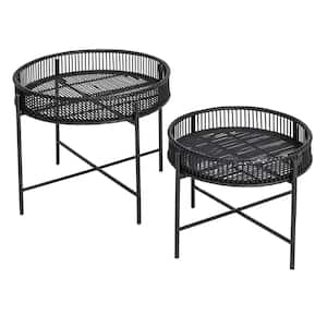 23.62 in. Sleek Black Finish Round Wood Accent Coffee Table Trays with Metal Stands (Set of 2)