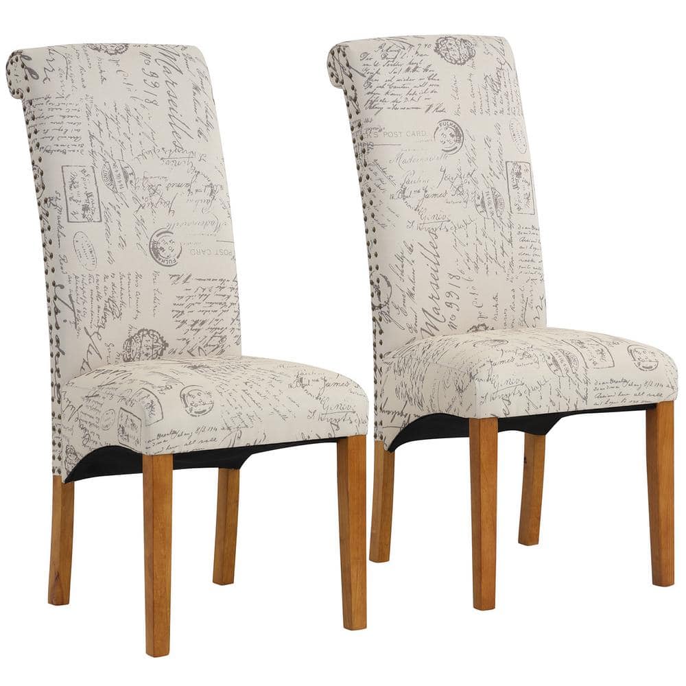 Brown Wood Dining Chairs with Beige Padded Seat (Set of 2)