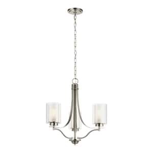 Elmwood 3-Light Brushed Nickel Modern Transitional Hanging Candlestick Chandelier with Satin Etched Glass Shades
