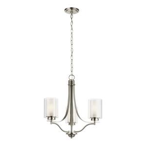 Elmwood 3-Light Brushed Nickel Modern Transitional Candlestick Chandelier with Satin Etched Glass Shades and LED Bulbs