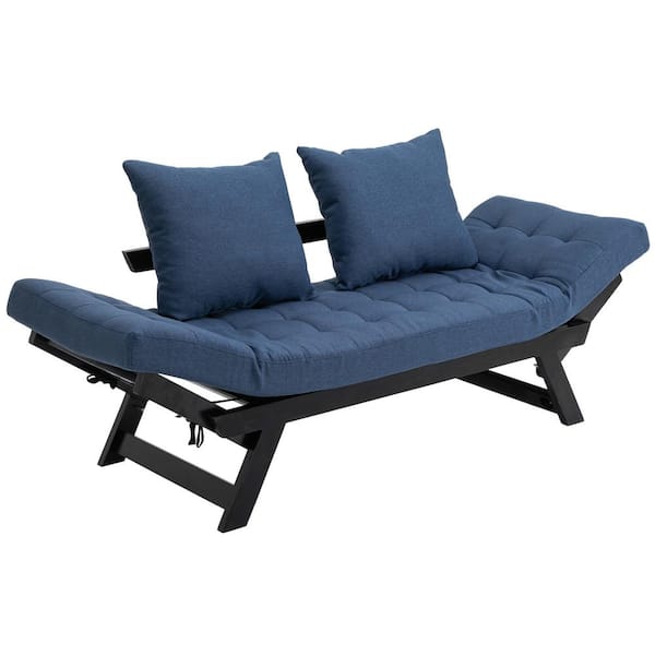 ANGELES HOME Black 1-Piece Solid Wood Outdoor Couch Sofa Bed Chaise Longue with Linen Dark Blue Cushion and Pillow, 3 Positions