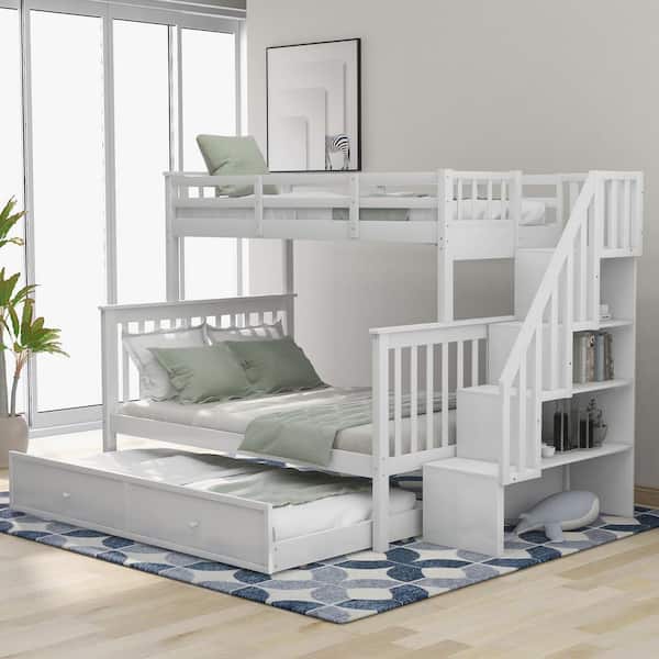Polibi Stairway Twin Over Full Bunk Bed with Trundle, Storage and Guard Rail in White(91.73 in. L x 54.33 in. W x 61.4 in. H)