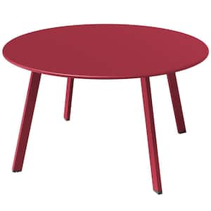 Red Round Steel Patio Coffee Table, Weather Resistant Outdoor Large Side Table without Extension