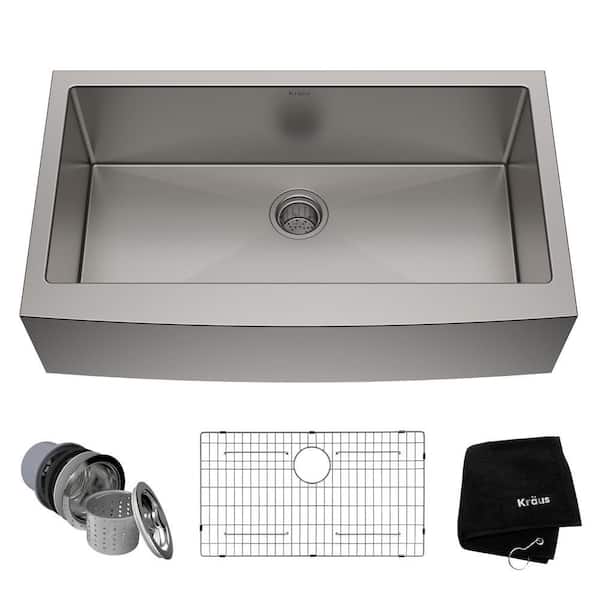 KRAUS Standart PRO 36 in. Farmhouse/Apron-Front Single Bowl 16 Gauge Stainless Steel Kitchen Sink with Accessories
