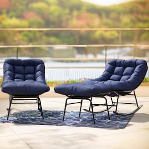Metal Outdoor Rocking Chair with Navy Padded Cushion and Ottoman Foot Rest for Balcony (Set of 2)