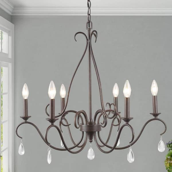 LNC 28 in. Rustic Bronze Classic Candlestick Chandelier with Crystal Drops Farmhouse 6-Light Traditional Chandelier