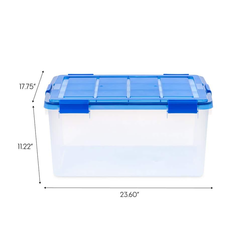 Clear 60 Quart Stackable Plastic Storage Box with Blue Lid