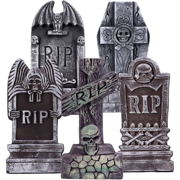 17 in. Halloween Foam RIP Graveyard Tombstones with 10 Metal Stakes, 5-Pack Tombstone for Halloween Decorations