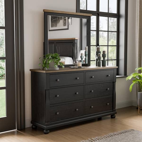 Furniture of America Windcrest Farmhouse Black and Rustic Oak 6 Drawer 64 in. Wide Dresser With Mirror and Cedarwood-Lined Bottom Drawers