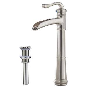 Single Hole Single Handle Waterfall Tall Body Bathroom Vessel Sink Faucet with Pop-Up Drain in Brushed Nickel