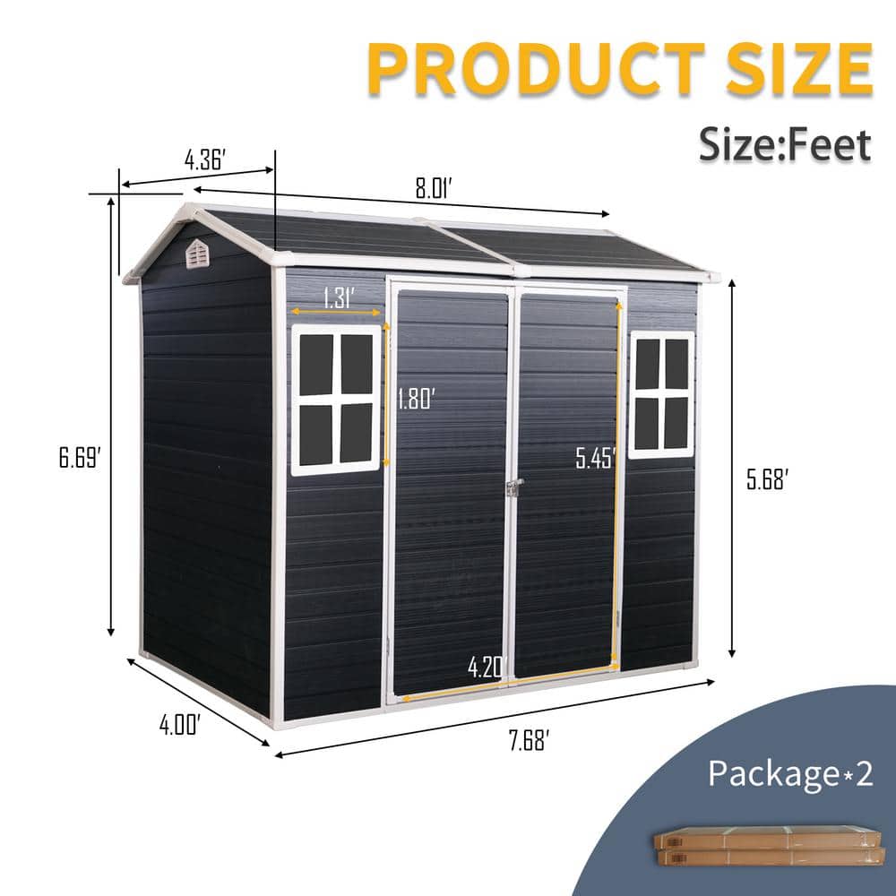 8 ft x 4 ft Black Resin Outdoor Storage Shed with Windows