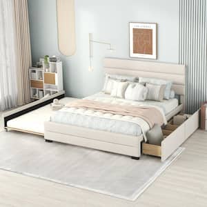 Beige Wood Frame Queen Size Upholstered Platform Bed with Trundle and Two Drawers