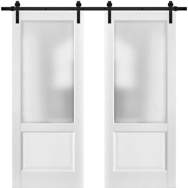 18 in. x 84 in. 2 Panel Frosted Glass White Solid Wood Sliding Barn Door with Hardware Kit