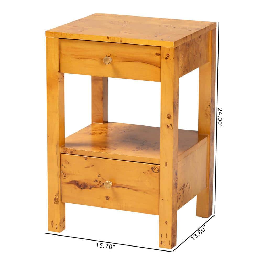 Azmi Natural Light Burl Wood 2-Drawer Nightstand with Open Shelf