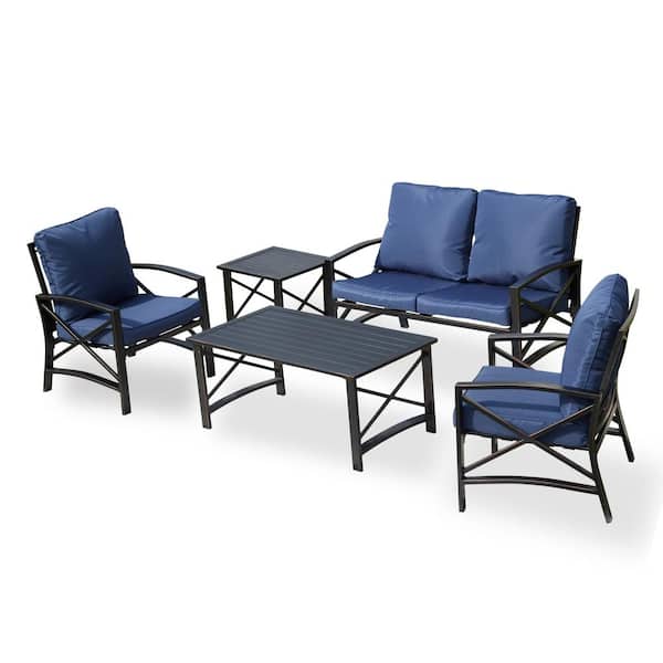 TOP HOME SPACE 5-Piece Metal Patio Conversation Set with Blue Cushions