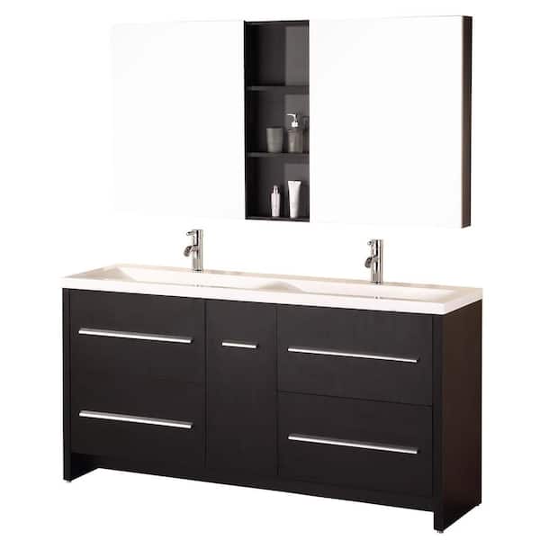 Design Element Perfecta 63 in. W x 20 in. D Vanity in Espresso with Acrylic Vanity Top and Mirror in White