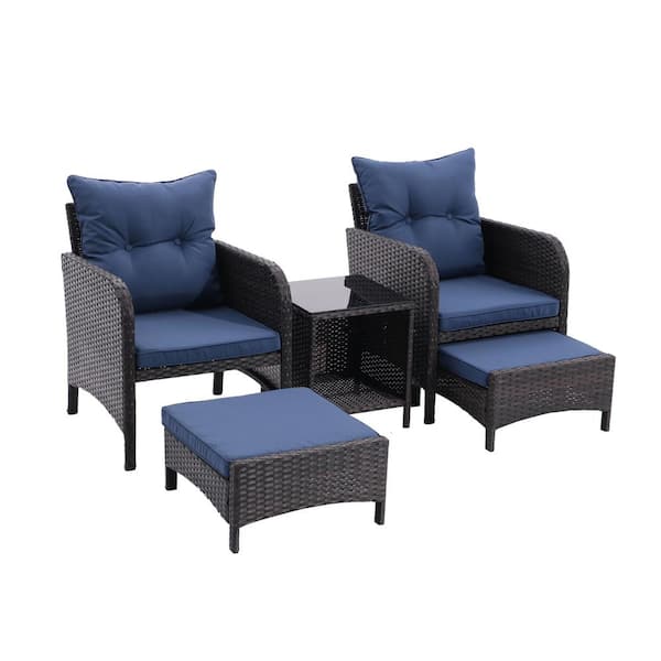 JimsMaison 5-Piece Wicker Patio Conversation Set with Peacock Blue Cushions