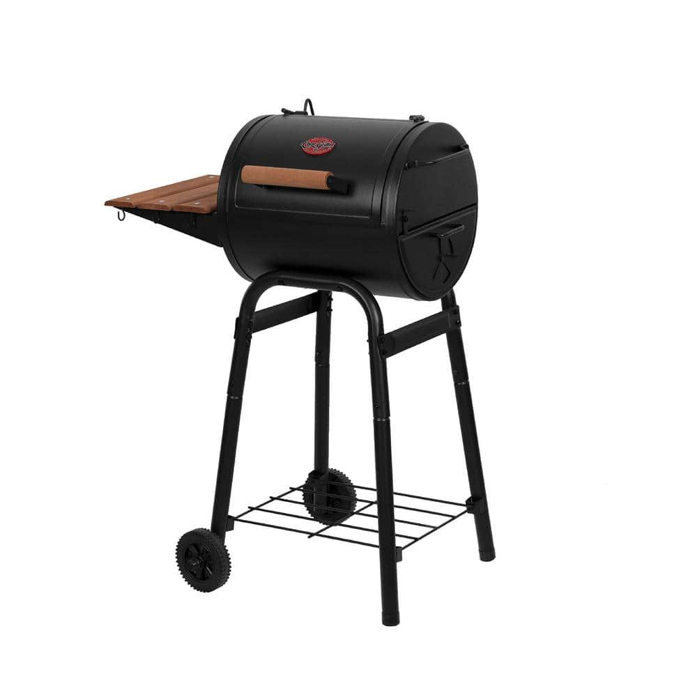 Black Barrel Charcoal Grill with Wood Shelf and Cast Iron Grates