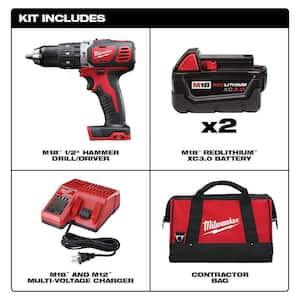 M18 18-Volt Lithium-Ion Cordless 1/2 in. Hammer Drill Driver Kit w/(2) 3.0Ah Batteries, Charger & Hard Case