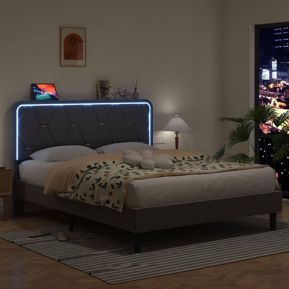 Upholstered Bed Queen Smart LED Bed Frame with Adjustable Gray Headboard, Platform Bed with Solid Wood Slats Support - thumbnail 3