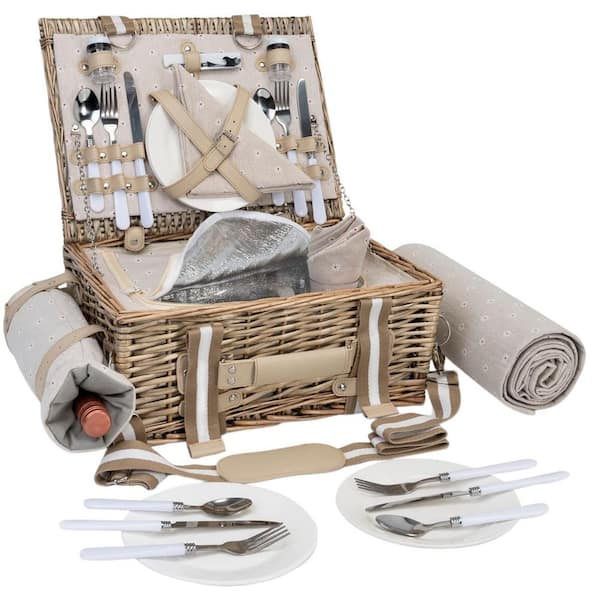31 Pcs Grey Picnic Basket Set for 4 with Insulated Liner and Waterproof Blanket Wine Pouch, Large Wicker Picnic Hamper