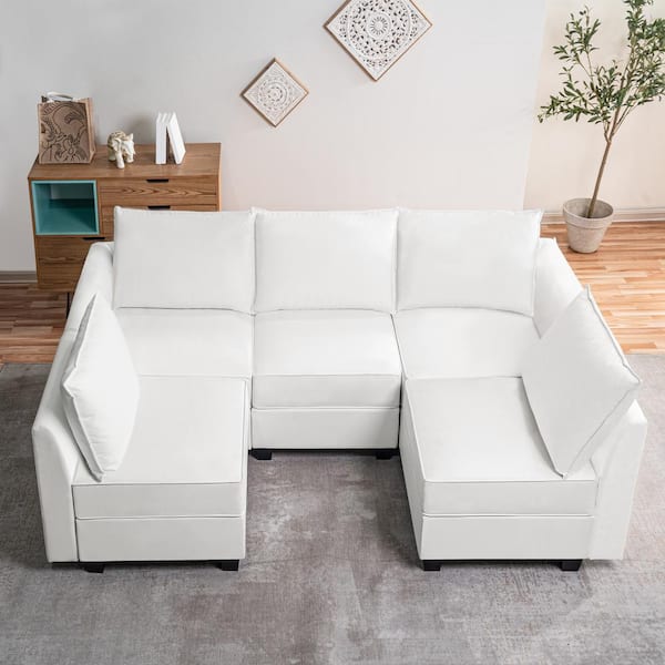 MAYKOOSH Contemporary 1-Piece Bright White Air Leather 5-Seater Upholstered Sectional Sofa Bed
