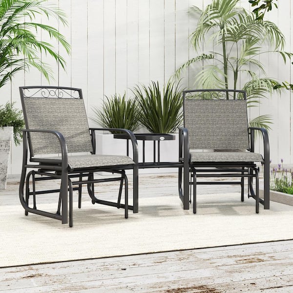 Outsunny Metal Outdoor Glider Chairs with Coffee Table, Patio 2-Seat Rocking Chair Swing with Breathable Sling