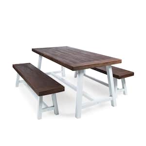 Rustic White 3-Piece Metal and Dark Brown Wood Rectangular Outdoor Patio Picnic-Style Dining Set