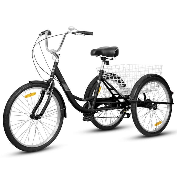 Sudzendf 24-inch 3 Wheel Black Adult Folding Tricycles with Low Step-Through, Large Basket