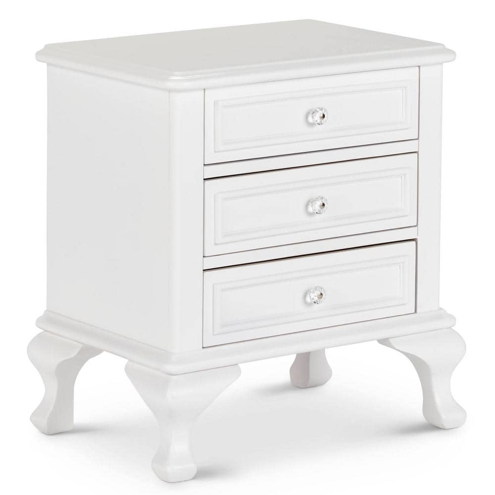 White 3-Drawer Transitional Nightstand with Crystal Knobs