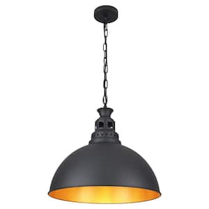 1-Light Black Farmhouse Dome Pendant Light with Metal Shade