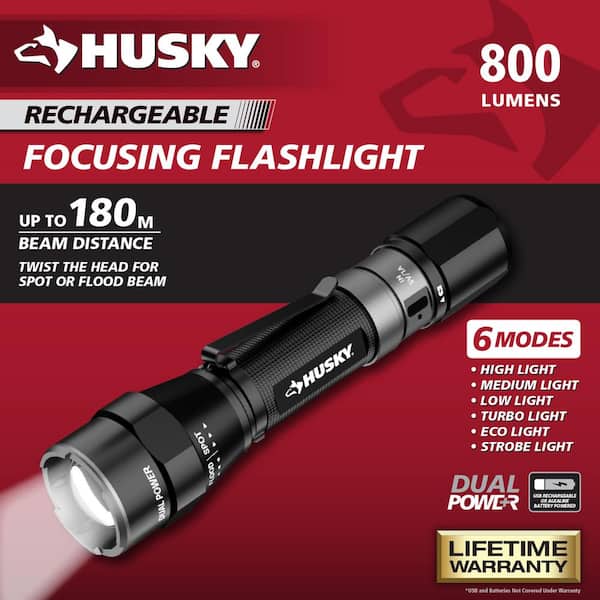 Husky 800 Lumens Dual Power LED Rechargeable Focusing Flashlight