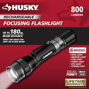 800 Lumens Dual Power LED Rechargeable Focusing Flashlight with Rechargeable Battery and USB-C Cable Included
