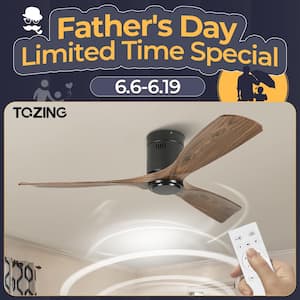52 in. Indoor Industrial Black Wood Windmill Flush Mount Ceiling Fan without Light with Remote Control for Living Room