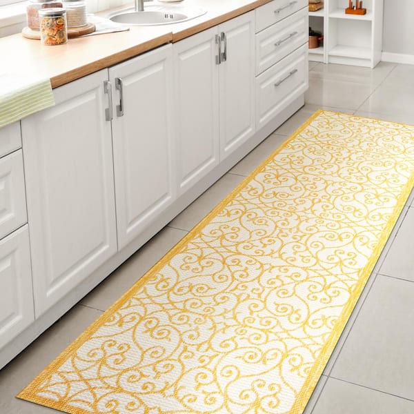 Madrid Vintage Filigree Textured Weave Cream/Yellow 2 ft. x 10 ft. Indoor/Outdoor Runner Rug