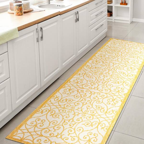 Madrid Vintage Filigree Textured Weave Cream/Yellow 2 ft. x 10 ft. Indoor/Outdoor Runner Rug